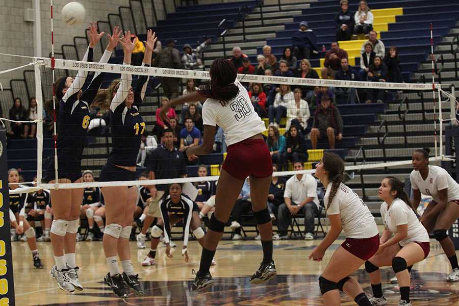 On Saturday, Nov. 10, Joy Miley, 12, helps the varsity volleyball team score against Los Osos High School, in Rancho Cucamonga, during their second round of CIF. The Vikings lost 0-3 and did not make it to the third round of CIF. 