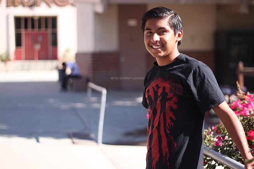 As a fan of the zombie horror television series, The Walking Dead, Kevin Perez, 12, wears a shirt based on the show to display his appreciation for the program. The Walking Dead, which airs on AMC,  returned on Sunday, October 13. with a record 16 million viewers who tuned in to watch the fourth season premiere. 