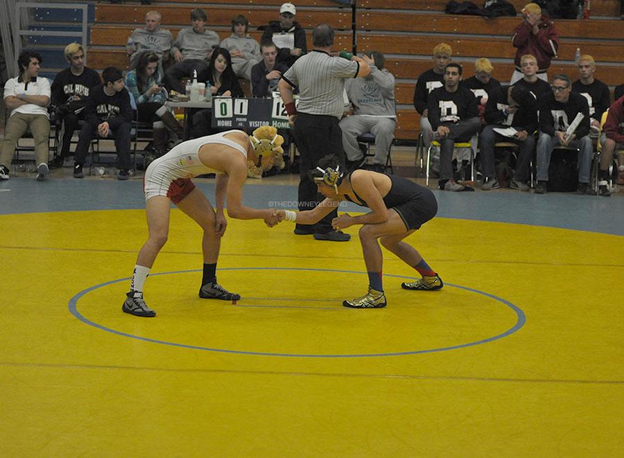 
On February 8, Sebastian Soto, 12, shakes his opponent’s hand before starting his match, at Quartz Hill High School. Before every match the wrestlers shook hands, in order to show each other respect and be sportsmanlike.