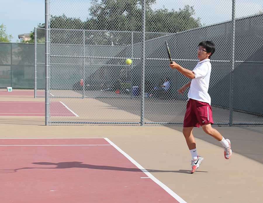 During  the tennis match against Paramount on Thurs, Mar. 20, sophomore Daniel Son, performs a backhand in order to score a point. The Vikes won all preseason and league games.
