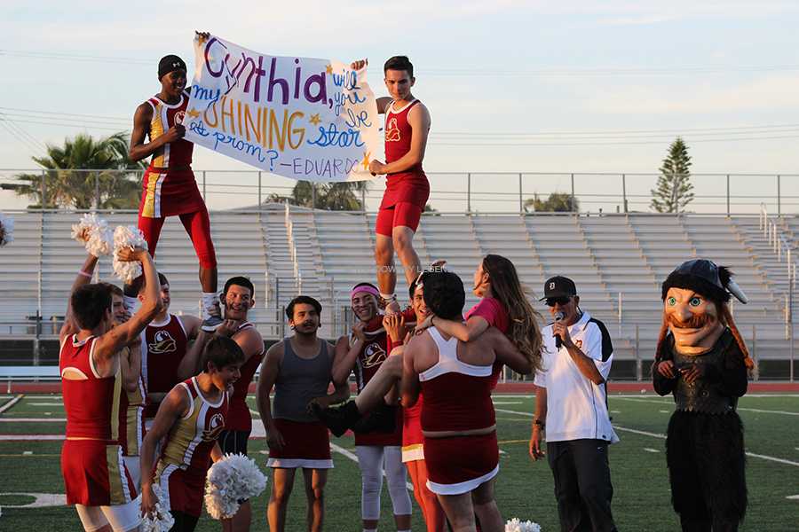 On Thurs., May 2, during the annual Powderpuff game, Eduardo Munoz, 12 asks, his girlfriend Cynthia Villegas, 12, to prom. He surprised her during half time with the help of the boys who participated in cheer.