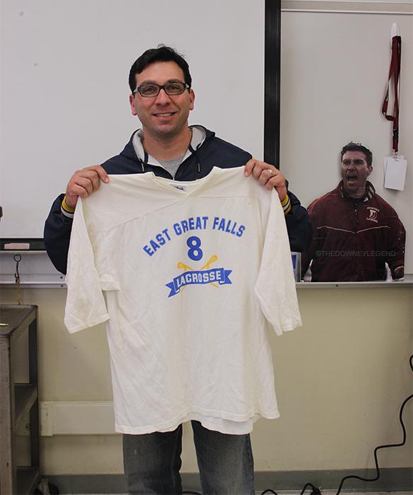 In room S-6 on Feb. 25, Mr. Witkin, displays the lacrosse shirt he wore as an extra in the movie American Pie. “[Being] able to look and see a TV show and movies that I know I was in, and to play a part in that in history, is pretty cool,” Mr. Witkin said.