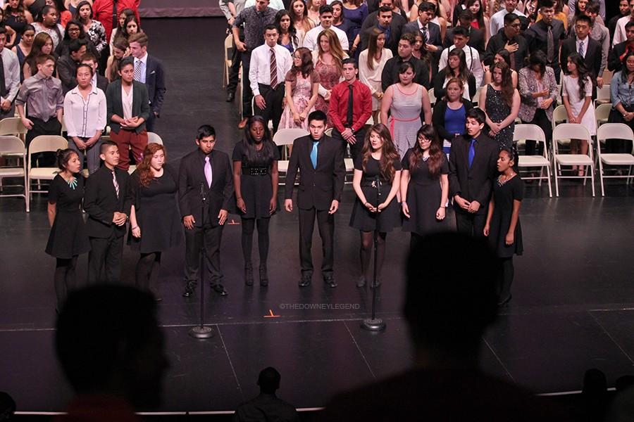 On June 8, at the Senior Awards night in the Downey Civic Theatre, Downey High Schools Jazz Choir perform the National Anthem to start the night off. While performing, all parents, teachers, and seniors stood up to show their respect.
