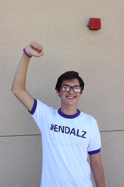 Wearing his #ENDALZ t-shirt, junior, Andrew Bilodeau shows off his bracelet that reads ‘alz.org’, an organization that donates its profits to Alzheimer disease.  Bilodeau’s grandmother inspired him to raise awareness on Alzheimer’s disease.  