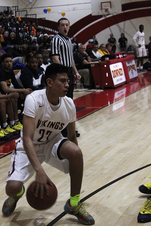 Junior, Justin Reyes, plays on varsity during the quarterfinals of the CIF basketball 

game that took place at Downey High School on Tuesday, Feb. 22 at 7 PM. “We 

had a great season and I am excited to see what happens next year,” Reyes says.