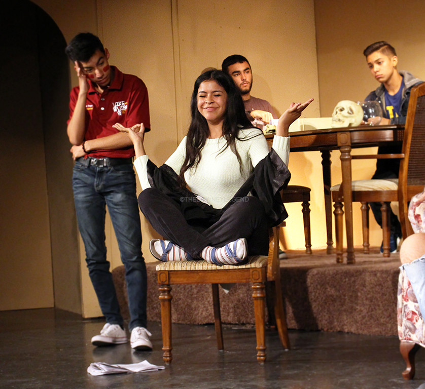 During one of the last few rehearsals for the school play, Nicole Carter, 12, runs through her lines, portraying Mrs. Kirby, at Downey high school’s theatre on the evening of Nov. 1. “I loved playing Mrs. Kirby because of her sass and style,” Carter said. “Coming to rehearsals have always been very fun because the cast is incredible.”