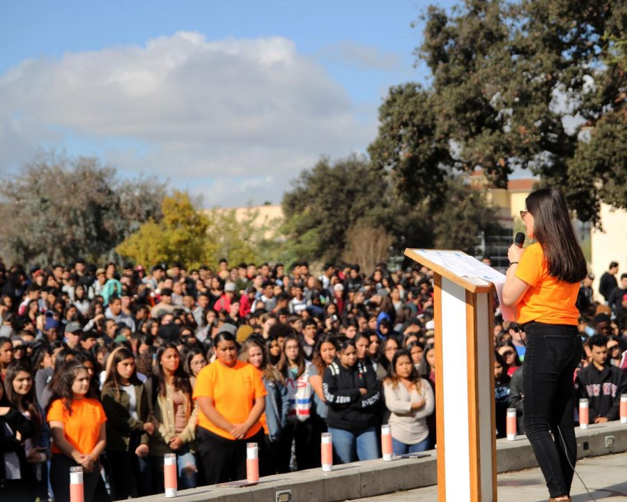 On Mar. 14, Valerie Flores, 12, holds a walk-out at Downey High School and advocates for gun control due to the recent events at Marjory Stoneman Douglas High School. 17 lives were lost during the shooting.