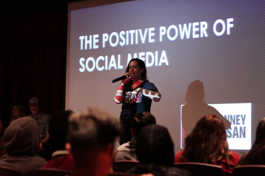 Introducing the special guest of the Nissan Assembly on May 3rd in the Downey high school theater, Ms. Simpson speaks on what she hopes each student that attended took with them after the assembly. “I hope that they understood that a lot of the times, the messages that schools give is that social media is a place that is scary,” Simpson said. “But there is still a lot of good that happens on social media.”